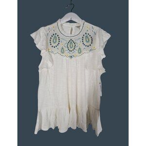 Lucky Brand Womens White Embroidered Ruffle Sleeve Top Medium Cotton Blend New